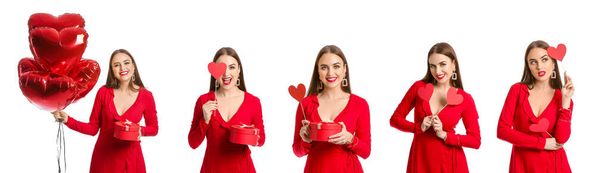 Set of beautiful young woman with heart-shaped air balloons and gift on white background. Valentines Day celebration - Photo, Image