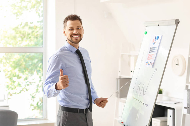Handsome businessman showing thumb-up near flipchart in office - Photo, image