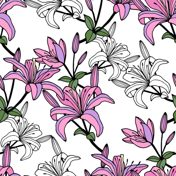 Lily λουλούδια αδιάλειπτη μοτίβο. Εικονογράφηση διανύσματος - Διάνυσμα, εικόνα