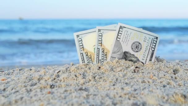 Tres billetes de cien dólares medio enterrados en arena a orillas del mar.. - Imágenes, Vídeo
