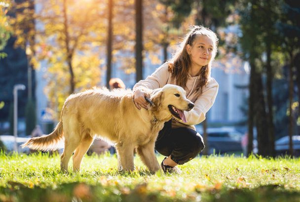 Ο ιδιοκτήτης παίζει το σκυλί golden retriever στο πάρκο. - Φωτογραφία, εικόνα