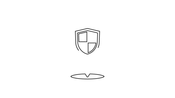Linea nera Icona dello scudo di posizione isolata su sfondo bianco. Concetto assicurativo. Segno di guardia. Sicurezza, protezione, protezione, privacy. Animazione grafica 4K Video motion - Filmati, video