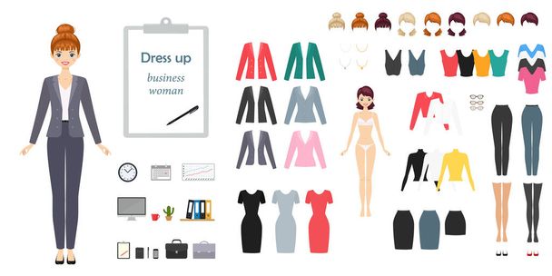 Young pretty business woman. Dress up paper doll. Flat cartoon style. Vector illustration - Вектор,изображение
