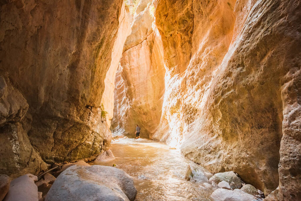 Tourist in Avakas canyon, Cyprus - 写真・画像