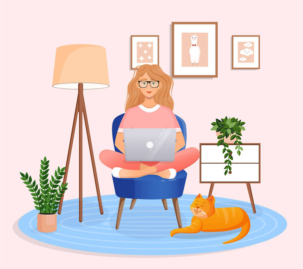 La mujer está sentada en una silla en casa en una computadora portátil. Trabajo remoto, oficina en casa, programación, freelance. Estudia en casa en cuarentena. Ilustración vectorial. Acogedor interior con un gato - Vector, Imagen