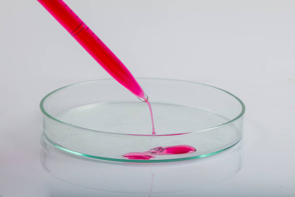 Pipeta de laboratorio con gota de líquido rojo sobre placas Petri con solución de análisis biológico rojo contaminada por bacterias infecciosas para un experimento biotecnológico en un laboratorio de investigación científica. - Foto, Imagen