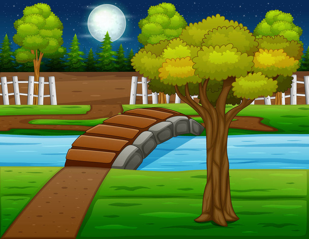 Pozadí scéna s řekou most a stromy v noci - Vektor, obrázek