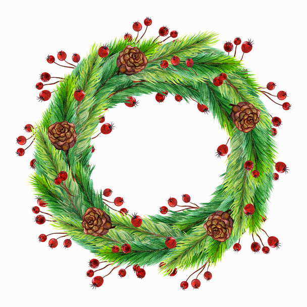 クリスマス、新年のための水彩画の花輪。白地に描かれた手描きのイラスト。常緑植物のお祭りの庭-トウヒ、モミ、コーンで飾られた松の枝、赤いホリーベリー. - 写真・画像