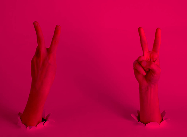 Female hands show the symbol of victory through the torn holes with pink neon light. Creative art - Foto, Bild