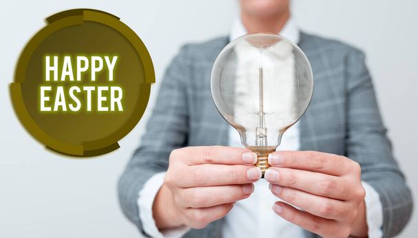 Text caption presenting Happy Easter. Business idea a celebration of the resurrection of Jesus Christ from at sunrise Lady in outfit holding lamp with two hands presenting new technology ideas - Photo, Image
