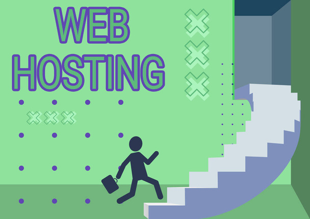 Conceptual display Web Hosting. Concept meaning business allowing access to a server to store data in a website Gentleman In Suit Running Upwards On A Large Stair Steps Showing Progress. - Photo, Image