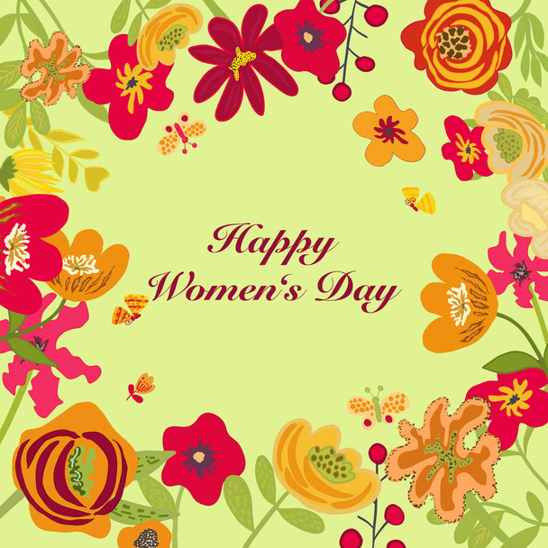 8. März: Glücklicher internationaler Frauentag. Florale Karte, festliches Muster, trendiger Rahmen. Design, gezeichnetes Vektormuster, Dekor. - Vektor, Bild