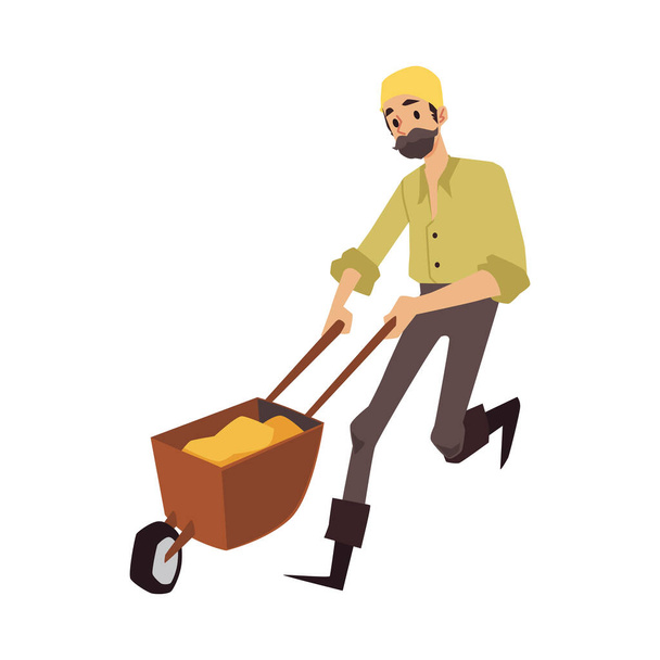 Gold digger, pitman or prospector with cart, flat vector illustration isolated. - Vektor, Bild