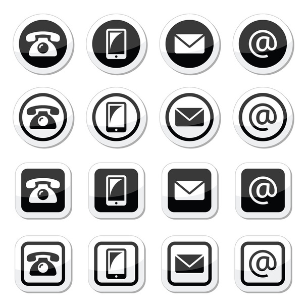 Contact icons in circle and square set - mobile, phone, email, envelope - Vektör, Görsel