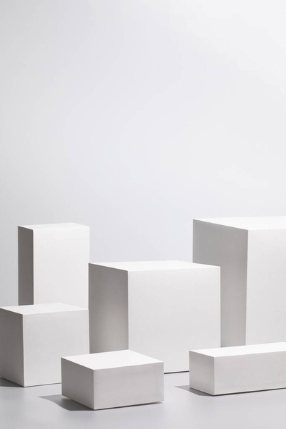 scene with six rectangle podiums on gray background - Foto, immagini
