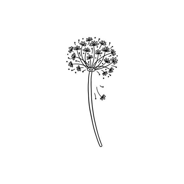 Luftig flauschiger Löwenzahn mit fliegenden Samen. Frühlingswind bläst auf Unkrautblume - Vektor, Bild
