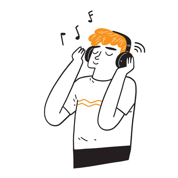 Όμορφος άνθρωπος στα ακουστικά ακούγοντας μουσική σε εξωτερικούς χώρους, χέρι σχέδιο διάνυσμα εικονογράφηση - Διάνυσμα, εικόνα