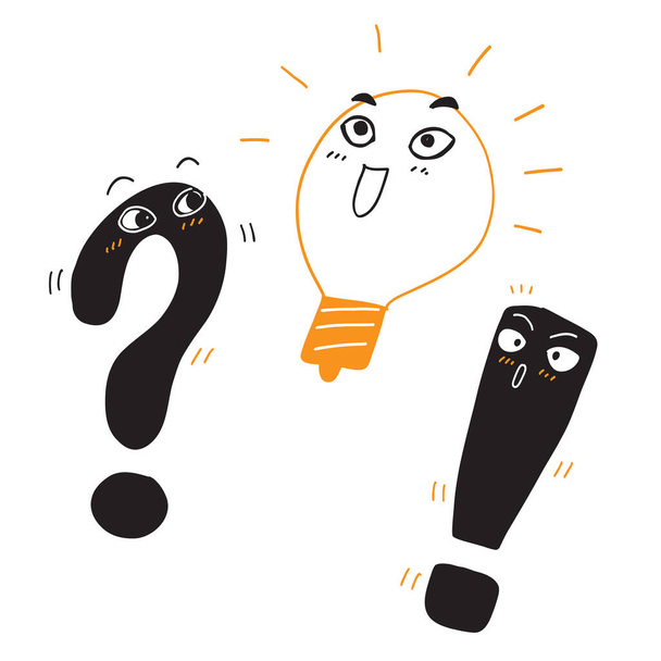 Problem solution icon in hand draw style. Light bulb idea vector illustration on white isolated background. Question and answer business concept. - Vetor, Imagem