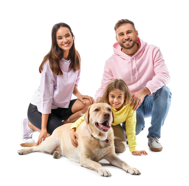Happy parents with cute little daughter and Labrador dog on white background - Foto, Bild