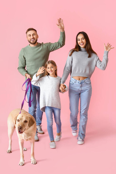 Ευτυχισμένοι γονείς με μικρή κόρη και Λαμπραντόρ σκυλί σε ροζ φόντο - Φωτογραφία, εικόνα