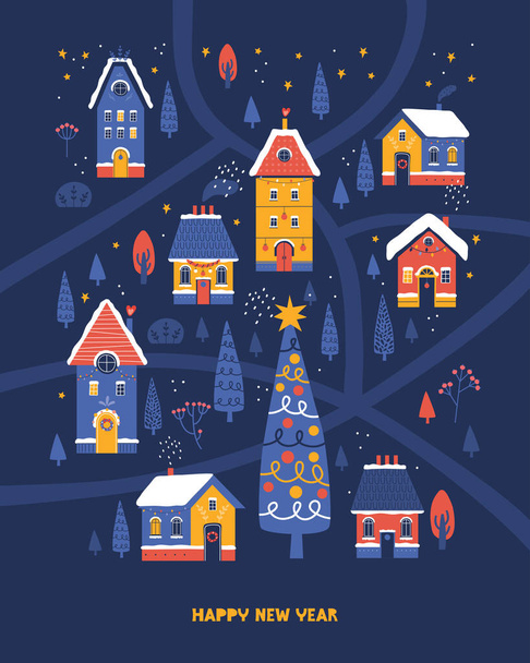 Happy New Year poster, cover, postcard. Cute Christmas houses, christmas tree, snowy forest, starry sky on background of winter landscape. Festive night city. Hand drawn vector illustration. - Vektor, obrázek