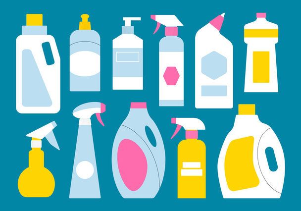 Forniture per bottiglie di pulizia. Set illustrazione imballaggi detergenti chimici piatti. - Vettoriali, immagini