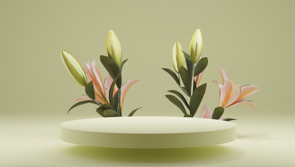 Podium, stand, vitrine op pastellicht, achtergrond en bloemen. voor premium product met natuurplant, bladeren. 3d render. - Foto, afbeelding