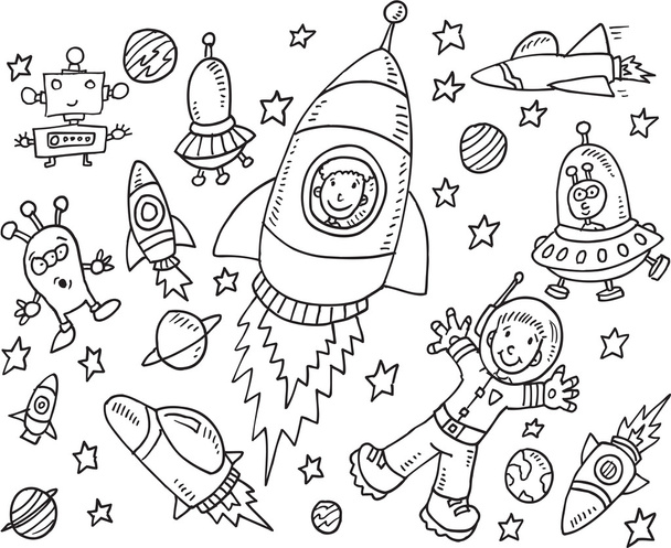 világűrben doodle vektoros illusztráció művészet készlet - Vektor, kép
