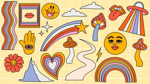 Set of hipster retro cool psychedelic elements. A collection of groovy cliparts from the 70s. editable stroke. Abstract design of cartoon stickers. Trend vector illustration. - Vettoriali, immagini