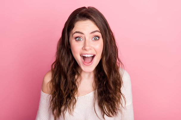 Photo of young attractive girl happy positive smile amazed excited shocked surprised news sale isolated over pastel color background - Фото, зображення