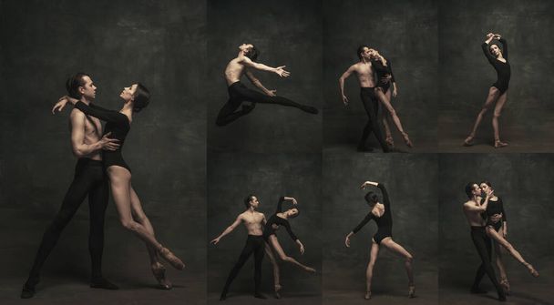 Collage. Beautiful young couple, ballet dancer performing isolated over dark vintage background - Фото, изображение