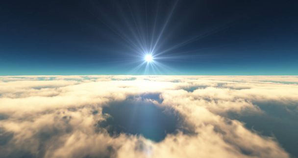 fliegen über Wolken Sonnenuntergangslandschaft. 3D-Darstellung - Foto, Bild