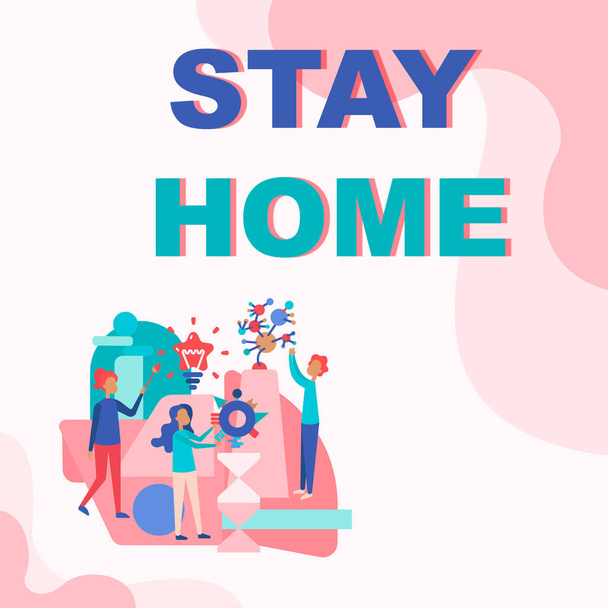 Writing displaying text Stay Home. Internet Concept not go out for an activity and stay inside the house or home Three Collagues Illustration Practicing Hand Crafts Together. - Foto, Imagem