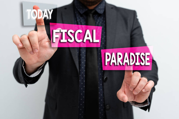 Ręczny napis Fiscal Paradise. Prezentacja biznesu Marnotrawstwo publicznych pieniędzy jest wielkim problemem Prezentacja nowych planów i pomysłów Demonstrujący proces planowania - Zdjęcie, obraz