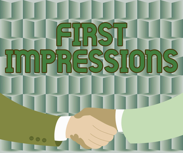 Text caption presenting First Impressions. Business idea events when one person encounters another person Two Men Drawing With Paper Background Shake Hands Presenting Agreement - Photo, Image