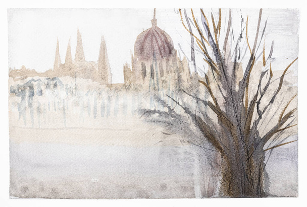 vue de l'édifice du Parlement hongrois dans la brume en hiver matin dessinée à la main par des aquarelles sur papier texturé blanc - Photo, image