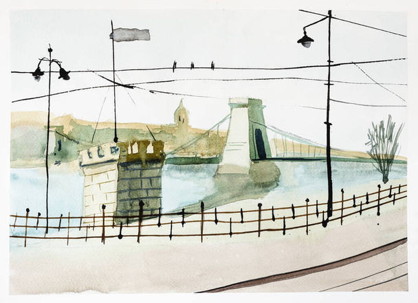 vue du front de mer et pont sur la rivière à Budapest ville dessinée à la main par des aquarelles sur papier texturé blanc - Photo, image