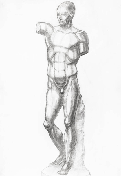 academische tekening - schets van gips gegoten anatomische ecorche figuur met de hand getekend door grafietpotlood op wit papier - Foto, afbeelding