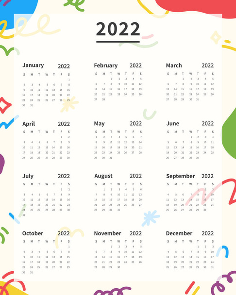 Шаблон календаря 2022 року. Шаблон планування календаря 2022 року. Тиждень починається у неділю. Векторні ілюстрації
. - Вектор, зображення