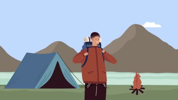 mannelijke camper met tent animatie - Video