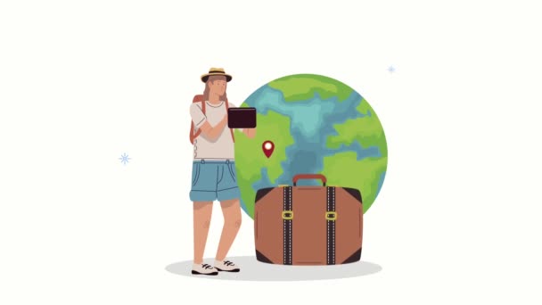 スーツケース付きの女性のキャンパーと地球の惑星 - 映像、動画