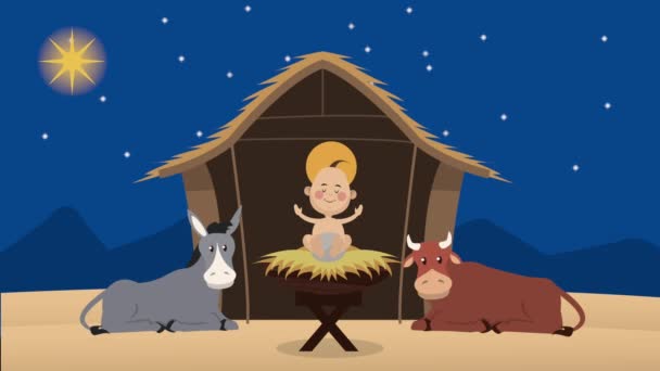 animación navideña alegre con el bebé de Jesús en establo - Metraje, vídeo