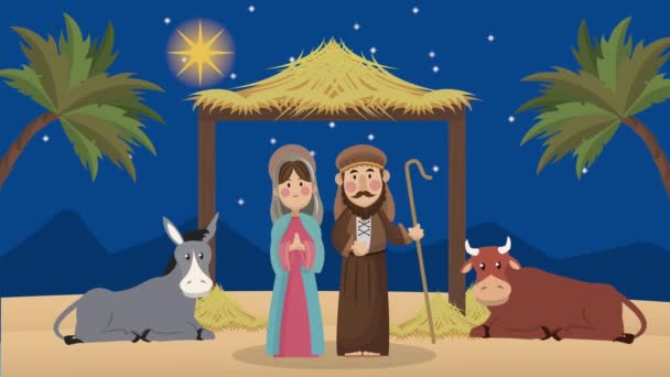 animación navideña alegre con Joseph y Mary en establo - Metraje, vídeo