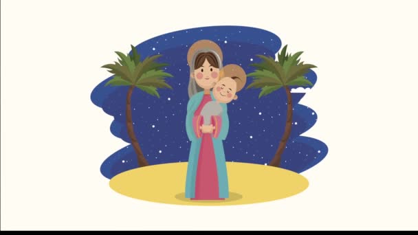 mery christmas animation with mary virgin and baby - Footage, Video