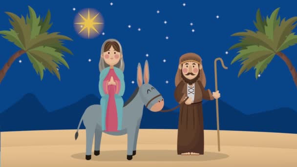 mery christmas animation with joseph and mary in donkey - Filmagem, Vídeo