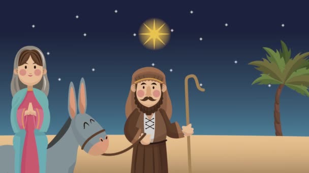 Рождественская анимация с Девой Марией и святым Иосифом в осле - Кадры, видео