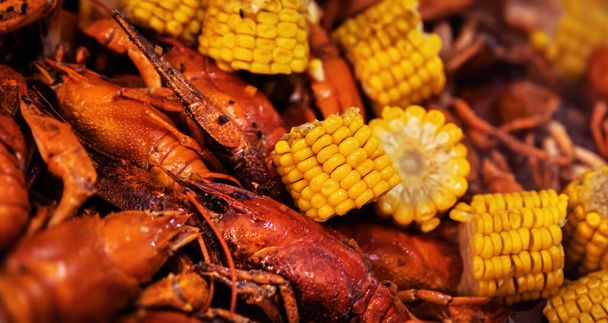 Street food. Casserole with red boiled crawfish and corn - Foto, immagini