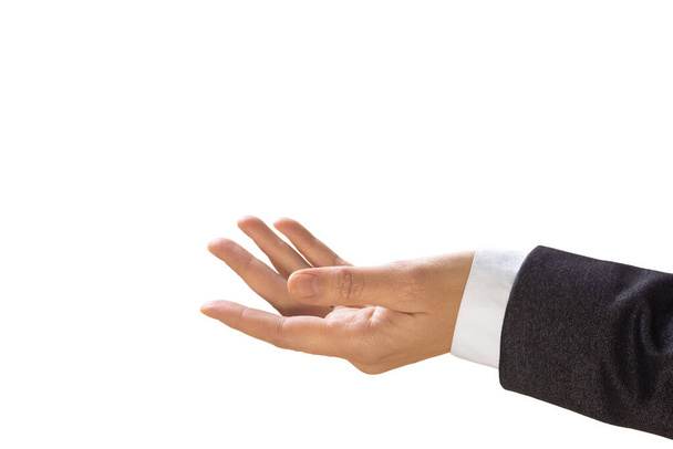 Human hand with open palm, in sleeve of a business suit, a positive gesture, close up, isolated on white. - Foto, Imagen