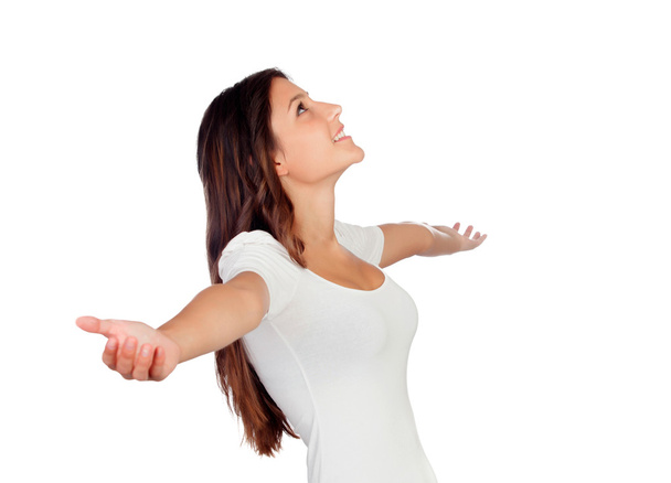Young casual woman with arms outstretched symbolizing freedom - Foto, Bild