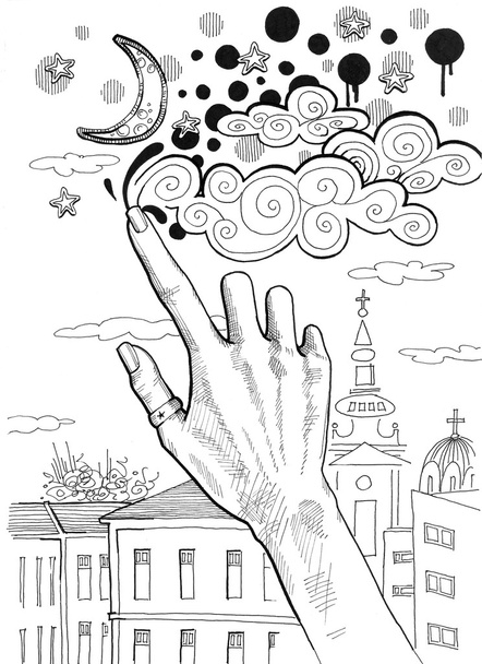 γυναικείο χέρι σχέδιο σύννεφα στον ουρανό - Φωτογραφία, εικόνα